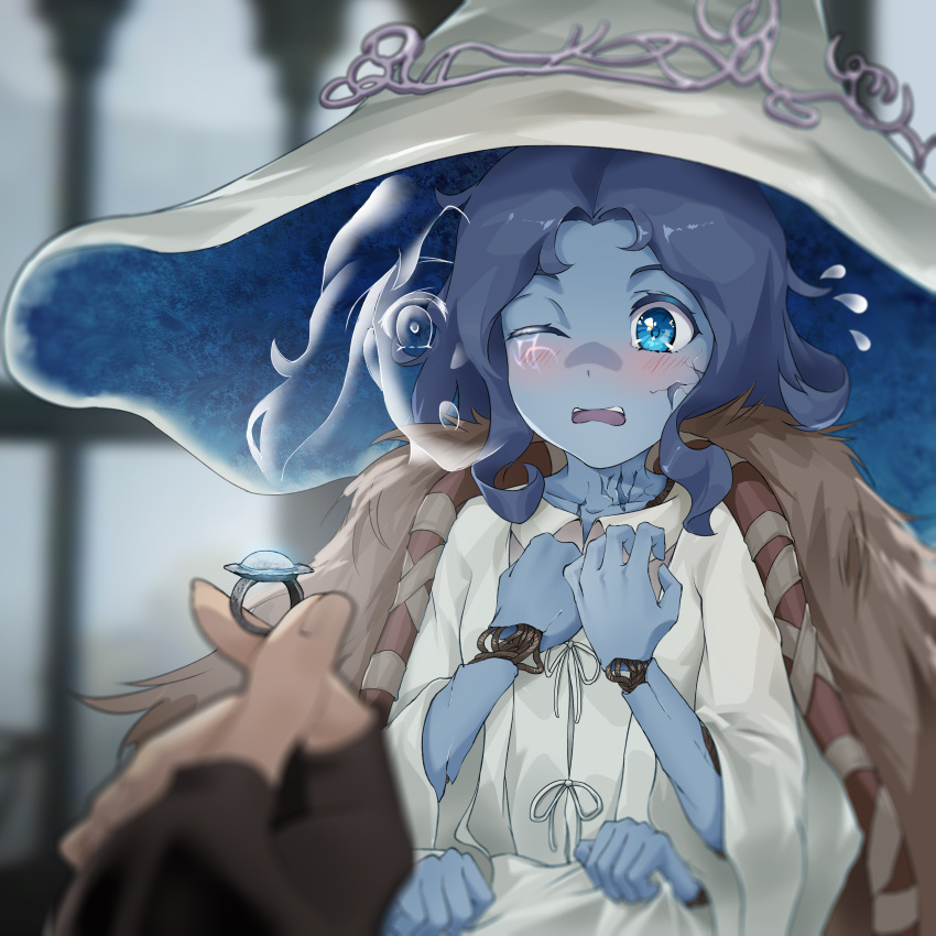 1girl 1other :o absurdres ambiguous_gender blue_eyes blue_hair blue_skin blush colored_skin crack cracked_skin doll_joints elden_ring embarrassed extra_arms extra_faces fur_coat hat highres hsu1231 jewelry joints ranni_the_witch ring robe rope sitting spoilers tarnished_(elden_ring) wavy_hair window witch witch_hat