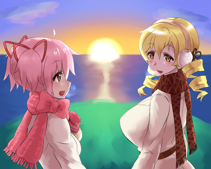 2girls alternate_breast_size blonde_hair blush breasts colorful drill_hair earmuffs evuoaniramu gloves hair_ornament hair_ribbon hairpin highres huge_breasts kaname_madoka looking_at_another mahou_shoujo_madoka_magica multiple_girls open_mouth orange_(color) pink_eyes pink_hair ribbon scarf school_uniform short_hair short_twintails sky sunset tomoe_mami twin_drills twintails yellow_eyes