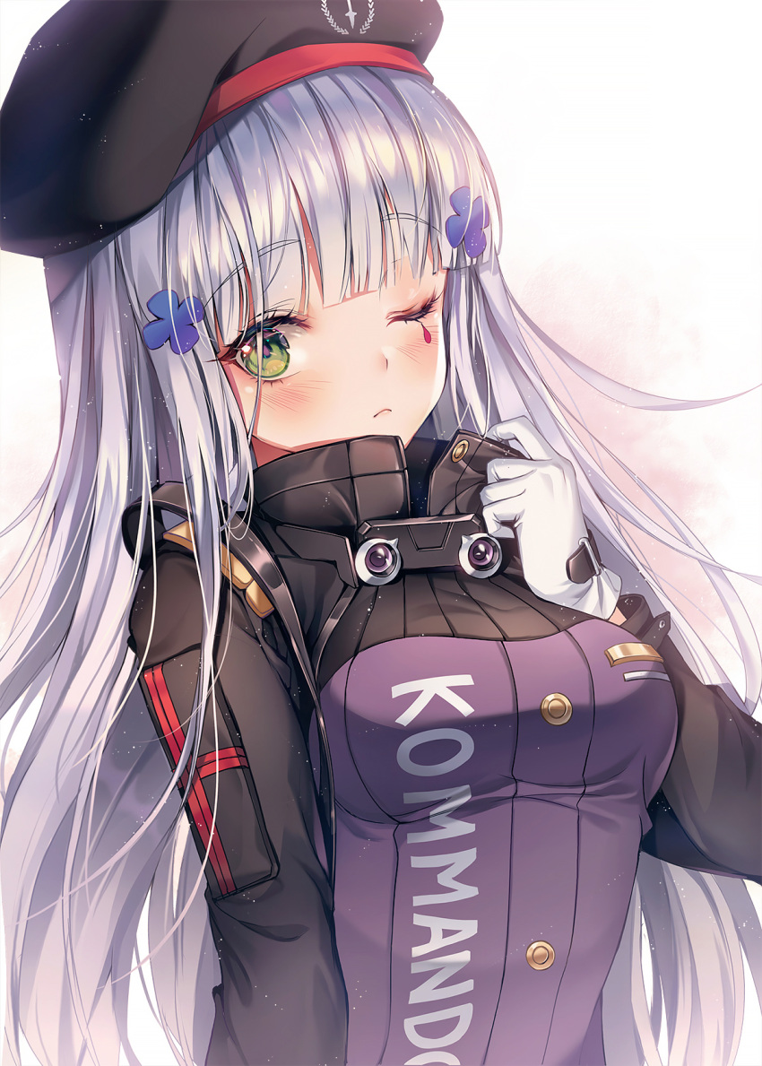 1girl ;( bangs beret black_headwear black_sleeves blunt_bangs blush breasts closed_mouth clothes_writing cross_hair_ornament eyebrows_visible_through_hair eyelashes facial_mark girls_frontline gloves goggles goggles_around_neck greyscale hair_ornament hat high_collar highres hk416_(girls_frontline) jacket long_hair long_sleeves looking_at_viewer medium_breasts monochrome purple_jacket sidelocks silver_hair simple_background solo ttosom upper_body very_long_hair white_background white_gloves