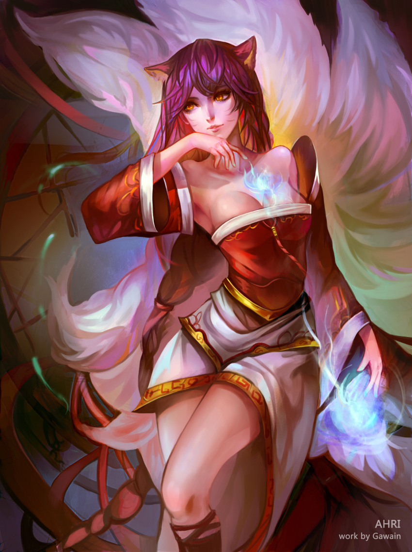 1girl absurdres ahri animal_ears armpits blue_hair braid breasts collarbone detached_sleeves energy_ball fox_ears fox_tail hand_to_own_mouth highres korean_clothes league_of_legends lips long_hair looking_to_the_side multiple_tails off_shoulder parted_lips signature single_braid tail whisker_markings wide_sleeves