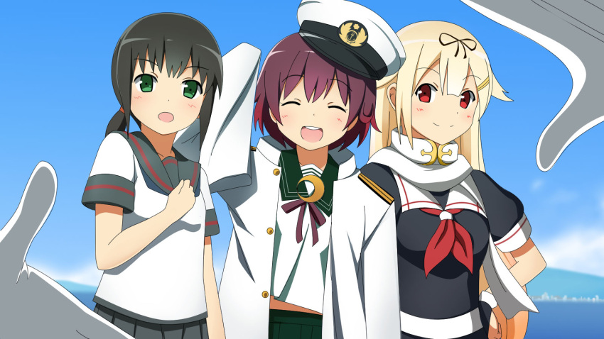 3girls :d ^_^ admiral_(kantai_collection) admiral_(kantai_collection)_(cosplay) black_hair black_serafuku black_skirt blonde_hair blue_sky brown_hair closed_eyes fubuki_(kantai_collection) gloves green_eyes green_skirt group_picture hair_flaps hair_ornament hair_ribbon hairclip hat highres kantai_collection long_hair looking_at_viewer military military_hat military_uniform multiple_girls mutsu_(kantai_collection) naval_uniform neckerchief open_mouth peaked_cap pleated_skirt ponytail pov puffy_short_sleeves puffy_sleeves red_eyes ribbon sailor_collar salute scarf school_uniform serafuku short_hair short_ponytail short_sleeves skirt sky sleeves_past_wrists smile uniform white_gloves white_scarf yakitori_(oni) yuudachi_(kantai_collection)