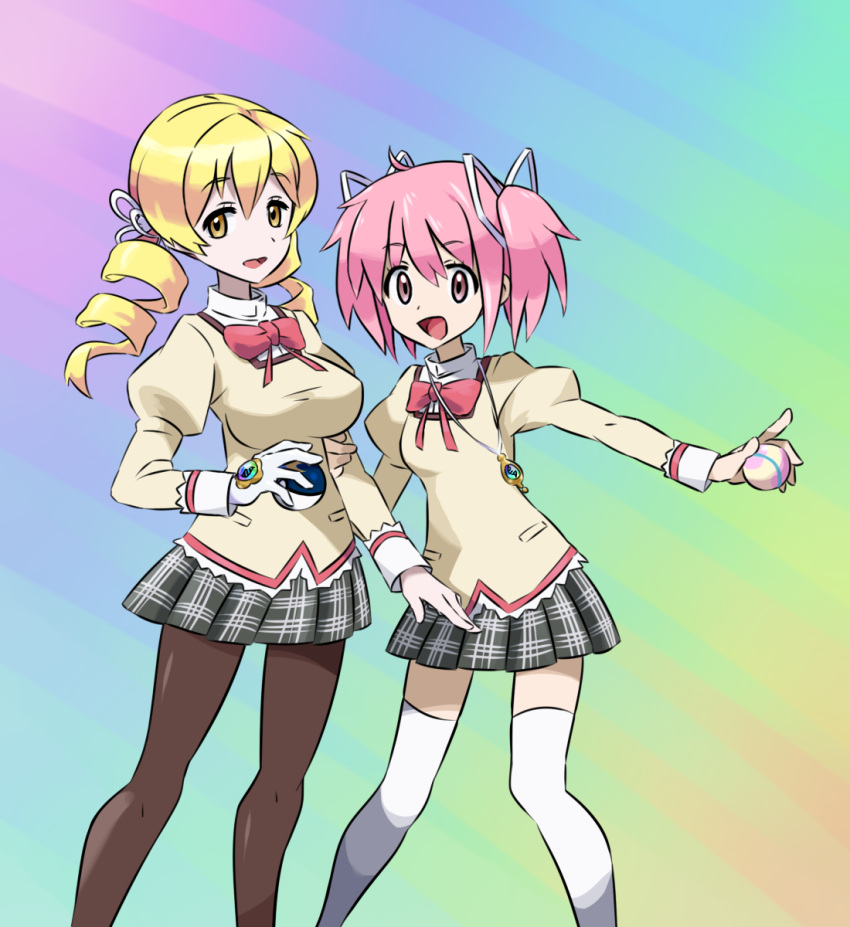 2girls blonde_hair blush bow breasts drill_hair evuoaniramu gloves hair_ornament hair_ribbon hairpin heal_ball highres huge_breasts kaname_madoka kneehighs mahou_shoujo_madoka_magica moon_ball multiple_girls open_mouth pantyhose parody pink_eyes pink_hair poke_ball pokemon pokemon_(game) ribbon school_uniform short_hair short_twintails smile style_parody tomoe_mami twin_drills twintails yellow_eyes