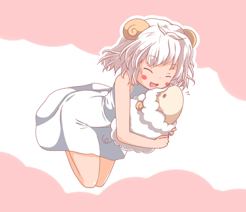 1girl a-ktoo blush_stickers closed_eyes horns open_mouth original sheep short_hair smile solo