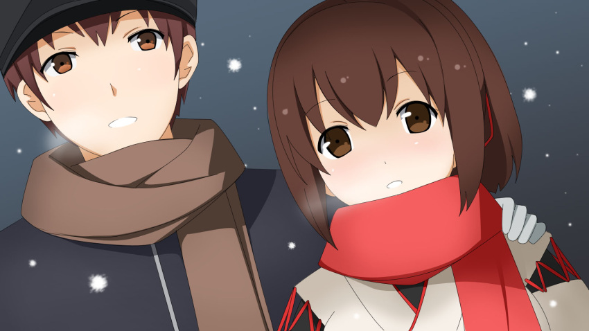 1boy 1girl admiral_(kantai_collection) blush breath brown_eyes brown_hair hand_on_another's_shoulder highres ise_(kantai_collection) japanese_clothes kantai_collection military military_uniform naval_uniform parted_lips ponytail red_scarf scarf snowing uniform yakitori_(oni)