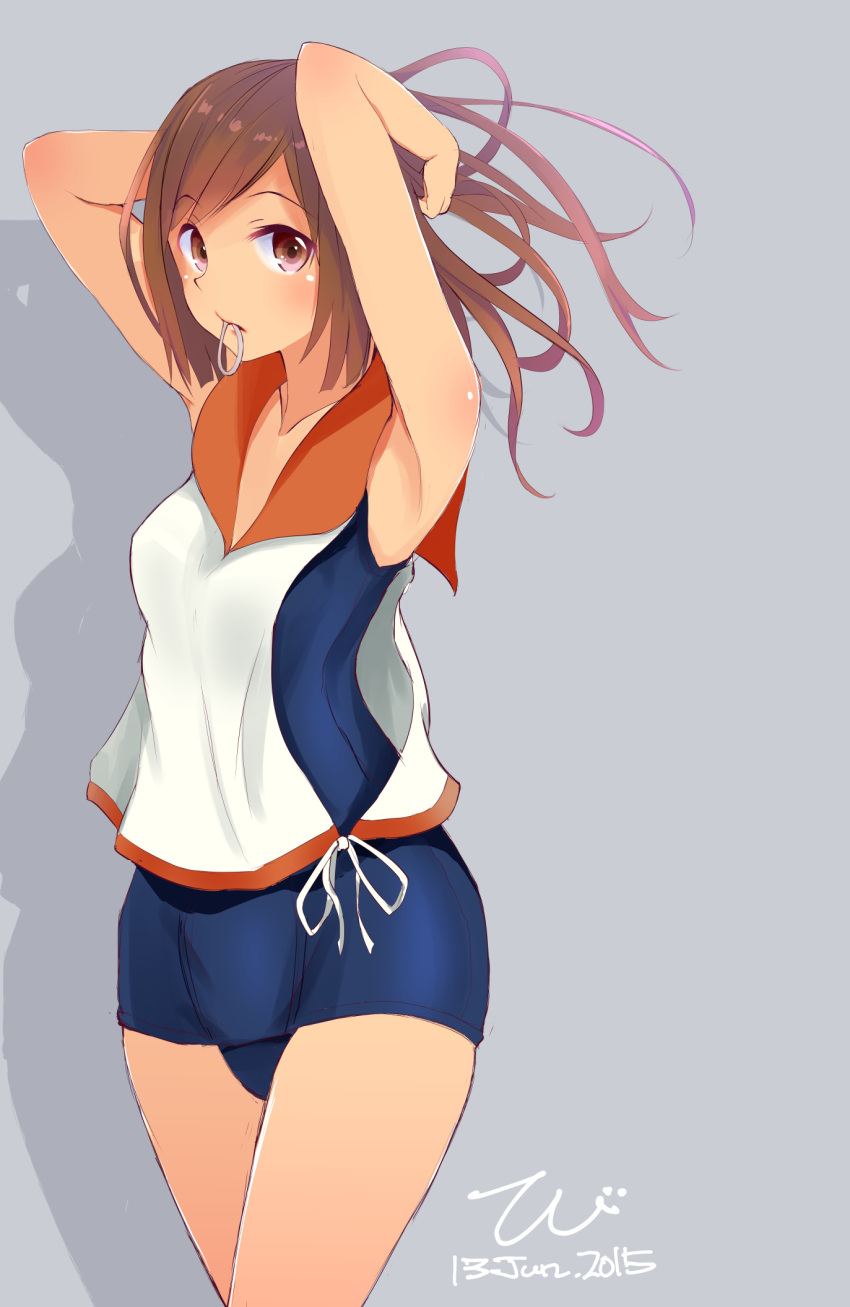 1girl adjusting_hair brown_eyes brown_hair highres i-401_(kantai_collection) kantai_collection mouth_hold one-piece_swimsuit school_swimsuit school_uniform short_hair solo swimsuit swimsuit_under_clothes tbd11 tying_hair