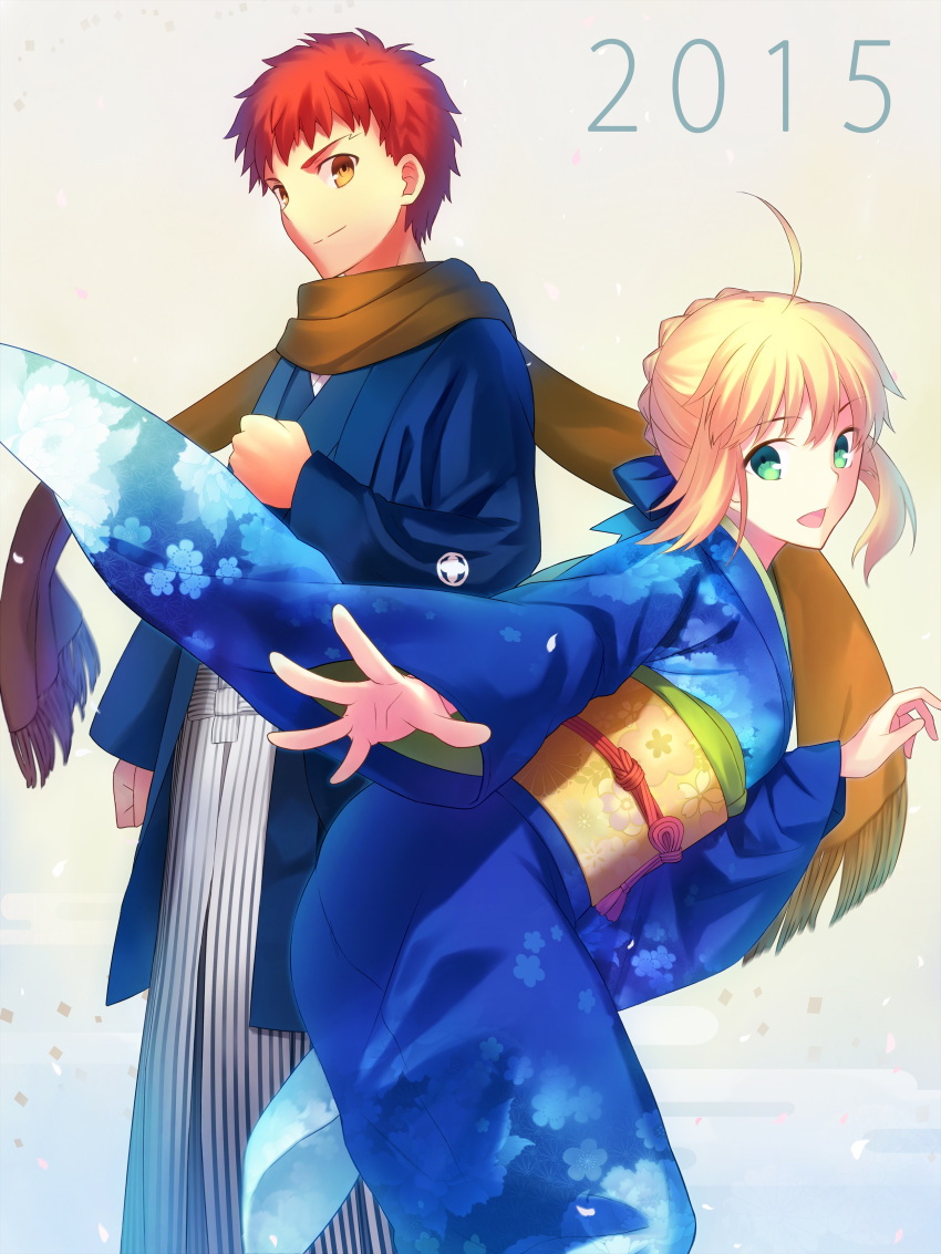 1boy 1girl 2015 absurdres ahoge blonde_hair emiya_shirou fate/stay_night fate_(series) fuyuki_(neigedhiver) green_eyes highres japanese_clothes kimono looking_at_viewer open_mouth redhead saber scarf short_hair wide_sleeves yellow_eyes