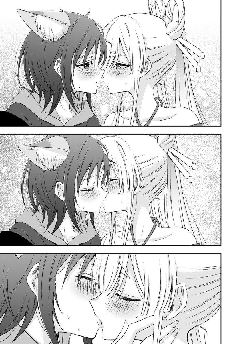 2girls animal_ears bare_shoulders blush cho_kaguya-hime! closed_eyes collarbone commentary facing_another fox_ears from_side hair_ornament hair_rings hair_stick halterneck hand_on_another's_cheek hand_on_another's_face highres hood hoodie kiss looking_at_another multiple_girls profile runami_yachiyo runami_yachiyo_(tsukuyomi) sakayori_iroha sakayori_iroha_(tsukuyomi) short_hair sweat takano_saku twintails yuri