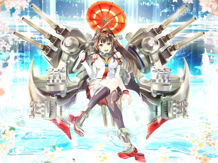 119 1girl :d brown_eyes brown_hair detached_sleeves highres holding kantai_collection long_hair looking_at_viewer machinery open_mouth oriental_umbrella pleated_skirt ponytail sitting skirt smile solo turret umbrella yamato_(kantai_collection)