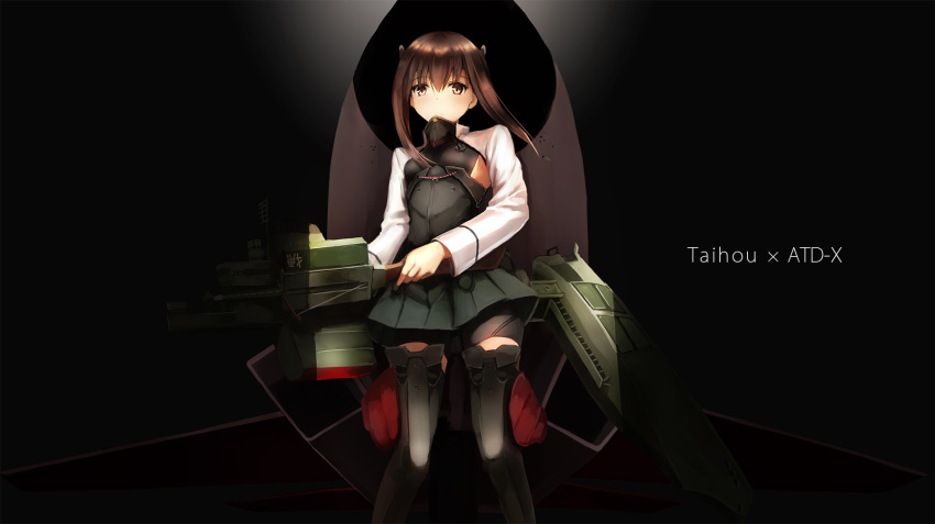 1girl akabane_rin bike_shorts black_background brown_eyes brown_hair cowboy_shot dark_background headgear highres kantai_collection long_sleeves looking_at_viewer mecha_musume pleated_skirt skirt solo taihou_(kantai_collection) thigh-highs