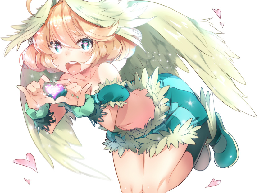 1girl :d aphrodite_(dragon_poker) bare_shoulders blonde_hair blush collarbone detached_sleeves dragon_poker green_eyes green_legwear heart heart-shaped_pupils heart_hands looking_at_viewer midriff nail_polish naso4 navel open_mouth shoes shorts smile socks solo symbol-shaped_pupils white_background white_wings wings wrist_cuffs