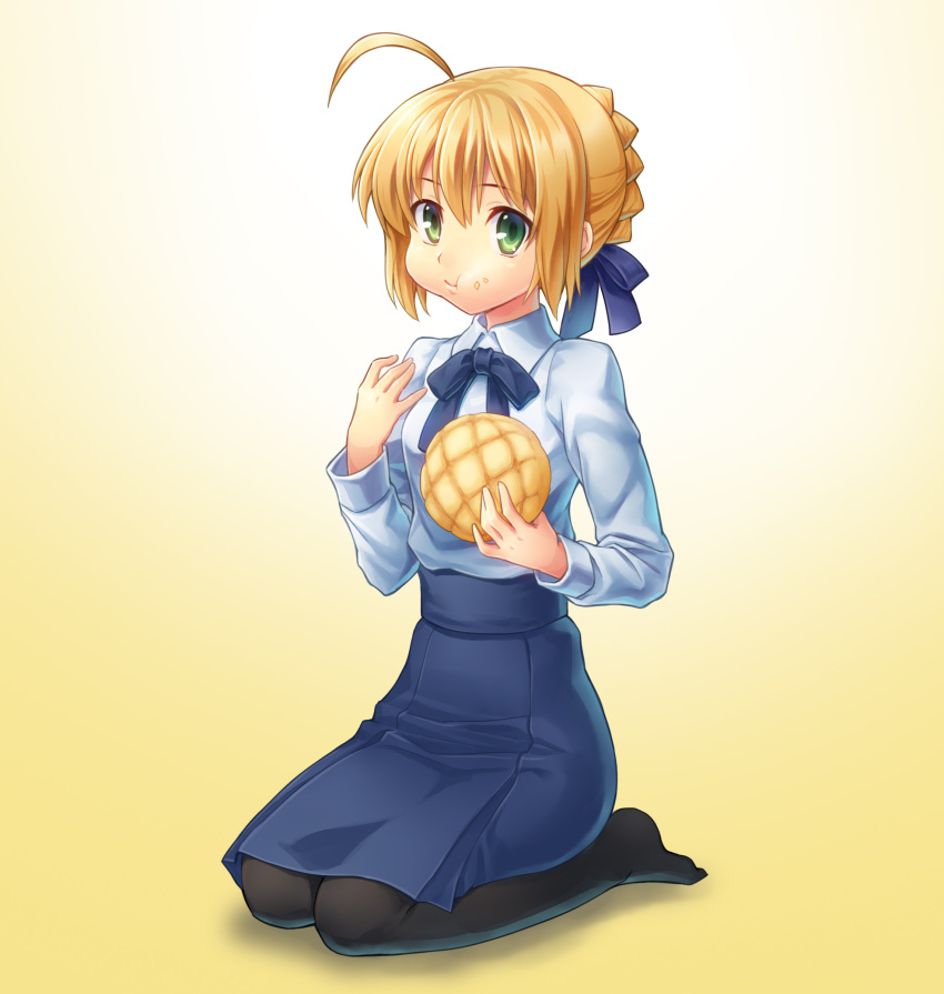 1girl :t absurdres ahoge blonde_hair bread dress eating fate/stay_night fate_(series) food food_on_face green_eyes highres melon_bread pantyhose saber seiza sitting solo wan89