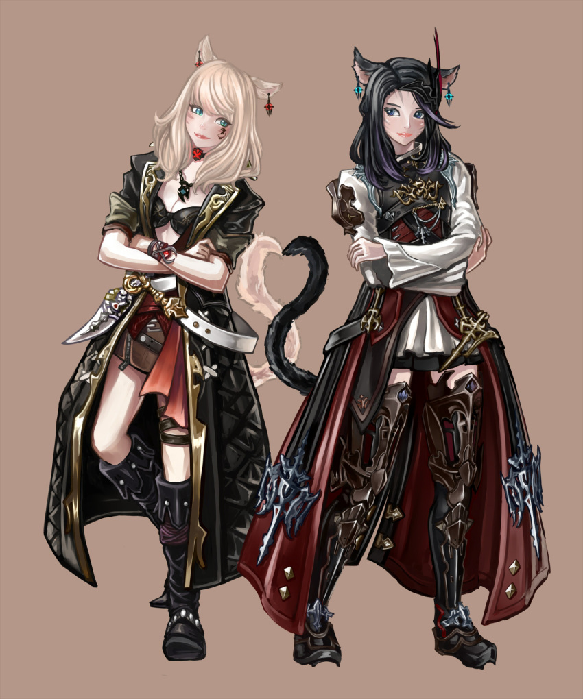 2girls animal_ears armor belt black_hair blonde_hair blue_eyes boots bracelet cat_ears cat_tail chocobo choker earrings facial_mark facial_tattoo final_fantasy final_fantasy_xiv heart_tail_duo highres hyuu_(sing-dog) jacket jewelry lipstick makeup miqo'te multicolored_hair multiple_girls necklace open_clothes open_jacket tail tattoo thigh-highs thigh_boots thigh_strap two-tone_hair