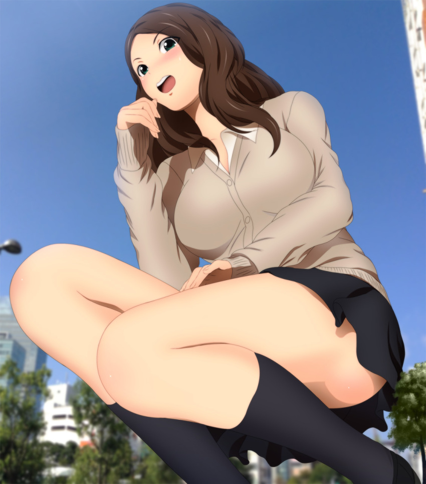 1girl blush brown_hair giantess highres open_mouth skirt squatting yadokari_genpachirou