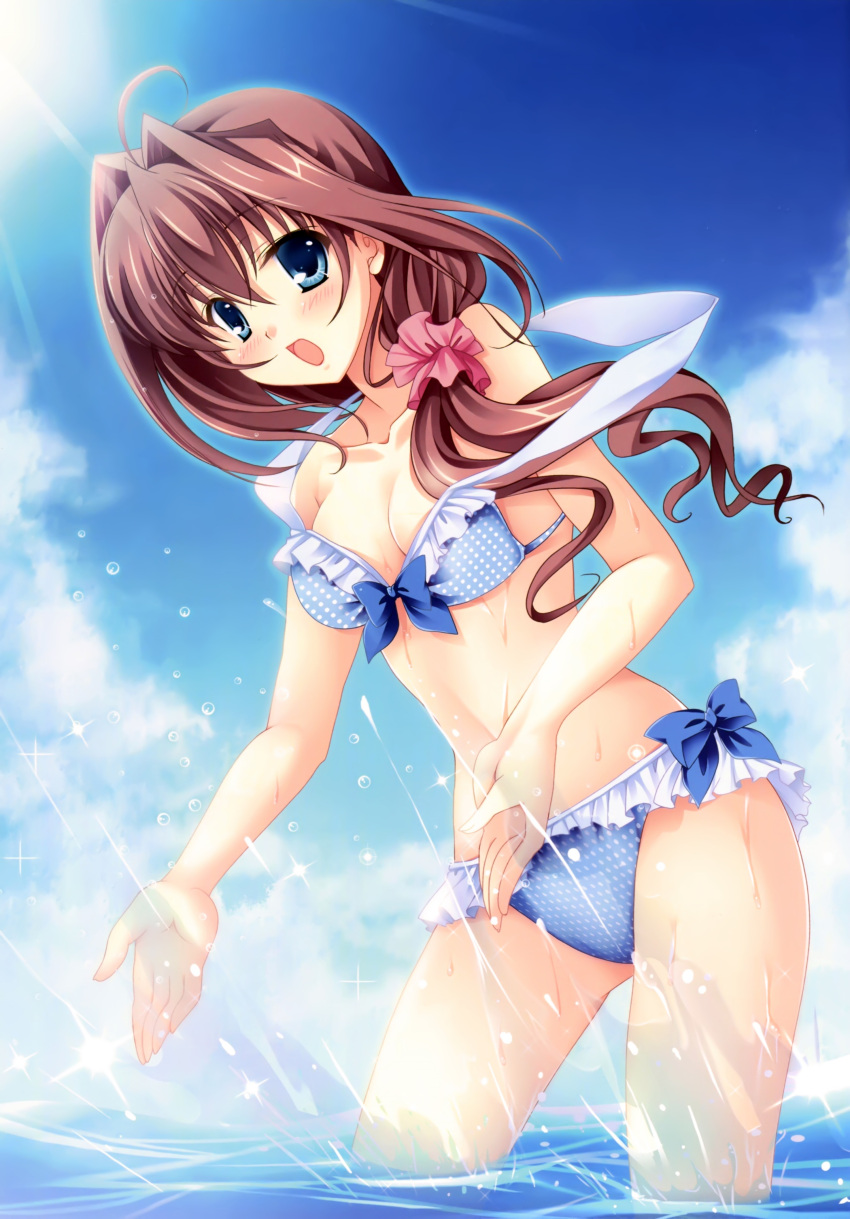 1girl absurdres asakura_otome bikini blue_bikini blue_eyes breasts brown_hair cleavage da_capo da_capo_ii hair_ornament highres kayura_yuka long_hair open_mouth outdoors sky solo swimsuit water