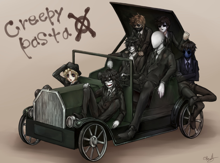 6+boys ben_drowned black_sclera business_suit car crazy_eyes creepypasta equala evil_smile eyeless_jack faceless glasses highres jeff_the_killer laughing_jack mask masky motor_vehicle multiple_boys slender_man smile ticcy_toby vehicle