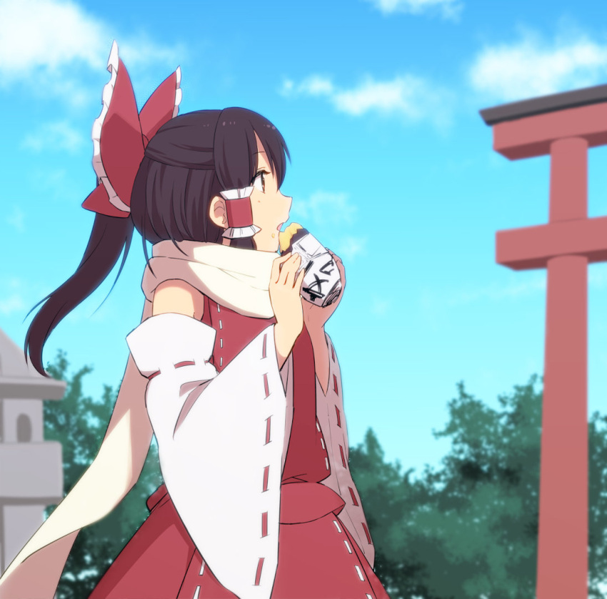 1girl adapted_costume blue_sky bow brown_eyes brown_hair clouds detached_sleeves eating food hair_bow hair_tubes hakurei_reimu leon_7 long_hair long_sleeves nontraditional_miko open_mouth ponytail ribbon-trimmed_sleeves ribbon_trim scarf shirt skirt skirt_set sky solo sweet_potato torii touhou wide_sleeves