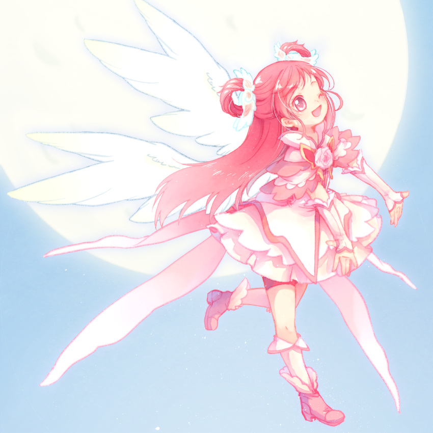 1girl ;d angel_wings arm_warmers bike_shorts boots collar collared_shirt cure_dream earrings flower gloves hair_ornament hair_ribbon hair_rings highres jewelry layered_skirt long_hair magical_girl moon one_eye_closed open_mouth pink_eyes pink_hair pink_rose precure ribbon rose shining_dream shorts_under_skirt skirt smile solo twintails wings yes!_precure_5 yes!_precure_5_gogo! yumehara_nozomi