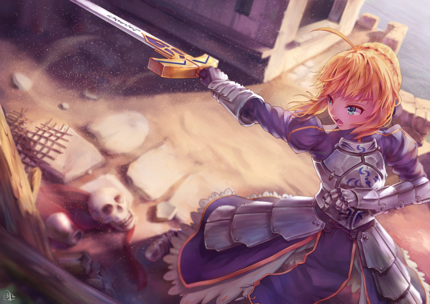 1girl ahoge armor armored_dress blonde_hair dress excalibur fate/stay_night fate_(series) gauntlets green_eyes jay_xu saber skull solo sword weapon