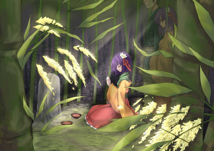 1boy 2girls bamboo bamboo_forest black_hair closed_eyes flower forest ghost grave hair_flower hair_ornament hands_together hieda_no_akyuu highres husband_and_wife japanese_clothes kimono ko_kita multiple_girls nature purple_hair touhou violet_eyes wide_sleeves
