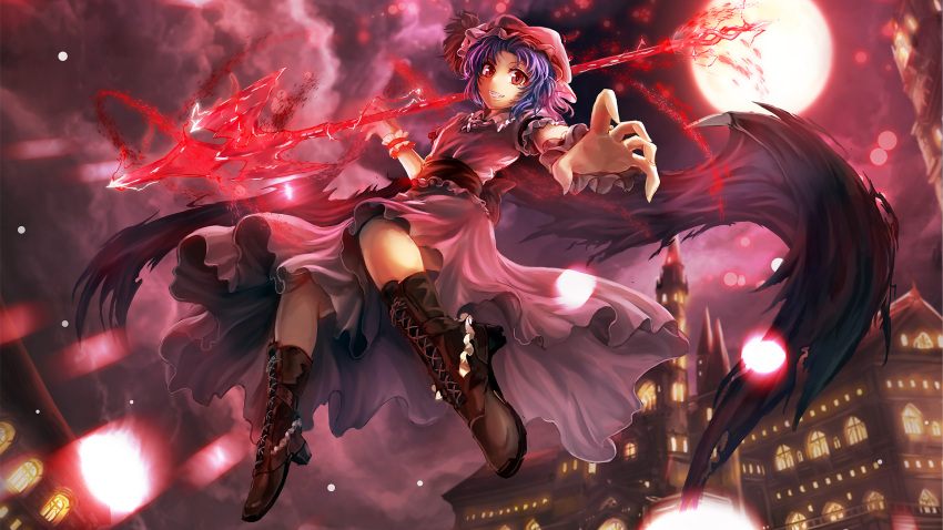 1girl bent_knees blue_hair boots building clouds fang freeze-ex hat highres looking_at_viewer moon open_mouth outstretched_arm red_eyes remilia_scarlet short_hair sky solo spear_the_gungnir the_embodiment_of_scarlet_devil touhou wings wrist_cuffs