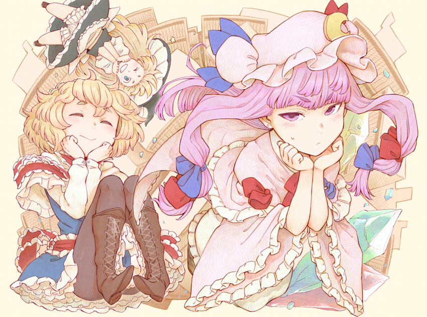 3girls alice_margatroid blonde_hair bloomers blue_eyes blush boots bow crescent_hair_ornament elbow_rest hair_ornament hat hat_bow kirisame_marisa multiple_girls one_eye_closed patchouli_knowledge purple_hair ryuhey smile sweatdrop touhou underwear violet_eyes witch_hat