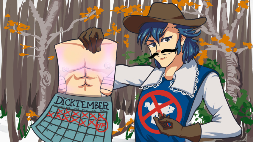 1boy autumn_leaves blue_eyes blue_hair brown_gloves calendar_(object) fake_mustache forest gloves glowing_nipples hat highres kill_la_kill mikisugi_aikurou nature solo triple-q