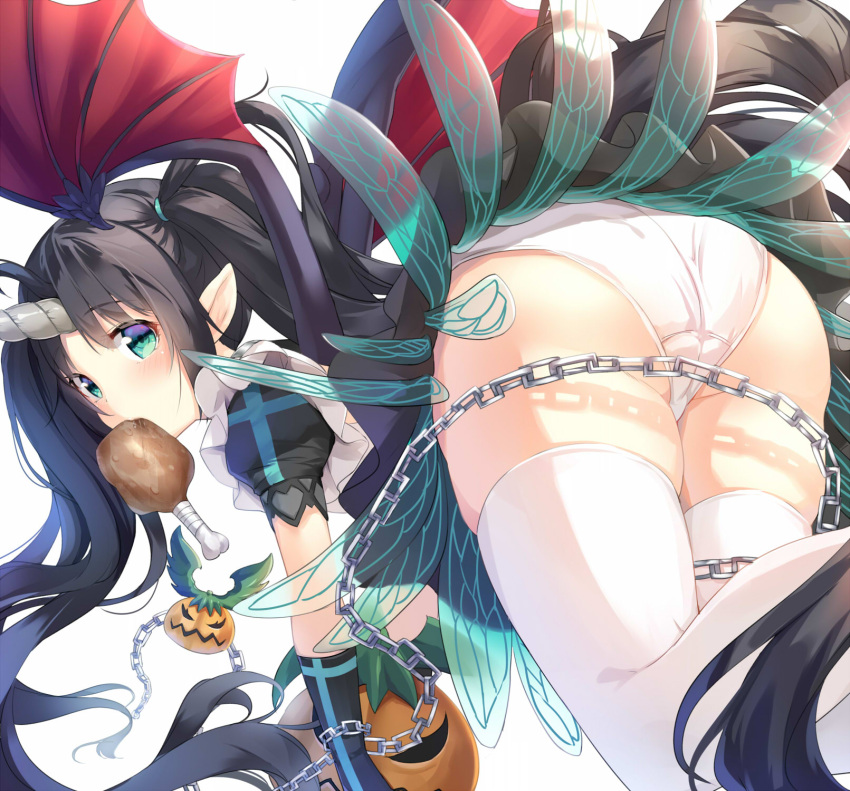 1girl alexmaster ass black_hair blue_eyes chain chicken_(food) elbow_gloves food food_in_mouth gloves head_wings highres horn jack-o'-lantern long_hair panties pantyshot pointy_ears solo thigh-highs twintails underwear upskirt white_legwear white_panties wings