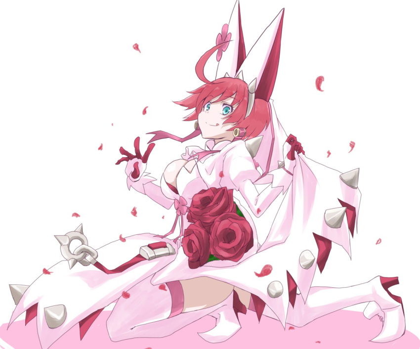 1girl :p ahoge blue_eyes boots bouquet bra breasts cleavage clover cravat dress dress_lift earrings elphelt_valentine flower four-leaf_clover gloves guilty_gear guilty_gear_xrd hairband high_heel_boots high_heels huge_ahoge jewelry large_breasts long_sleeves mr.milk_caramel petals pink_hair pink_rose puffy_long_sleeves puffy_sleeves red_bra rose short_hair smile solo spikes thigh-highs thigh_boots tongue tongue_out underwear white_dress white_legwear