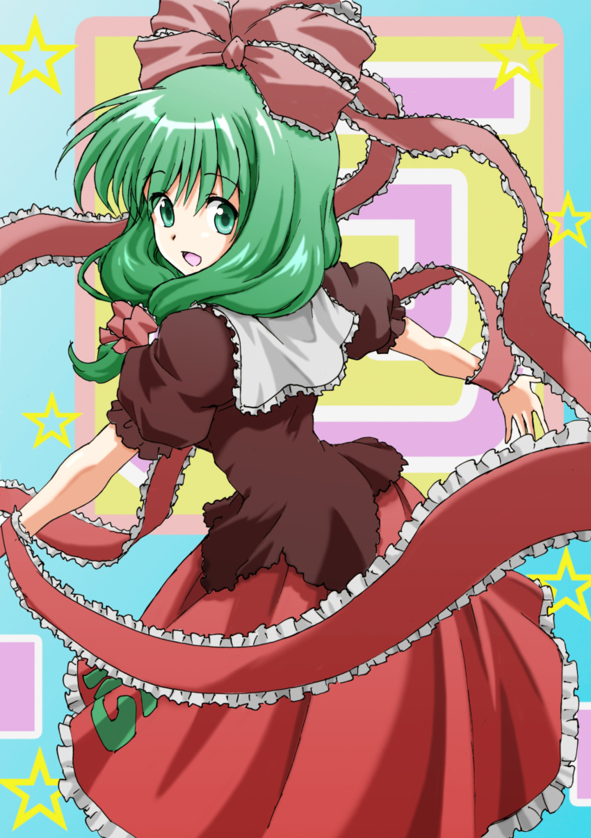 1girl absurdres beluo77 bow dress frills front_ponytail green_eyes green_hair hair_bow hair_ribbon highres kagiyama_hina long_hair looking_back open_mouth outstretched_arms ribbon smile solo touhou