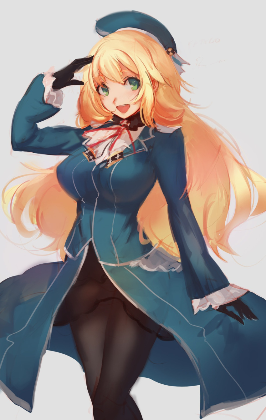 1girl atago_(kantai_collection) black_gloves black_legwear blonde_hair blush breasts doomfest gloves green_eyes hat highres kantai_collection large_breasts long_hair looking_at_viewer military military_uniform open_mouth pantyhose salute simple_background sketch smile solo uniform