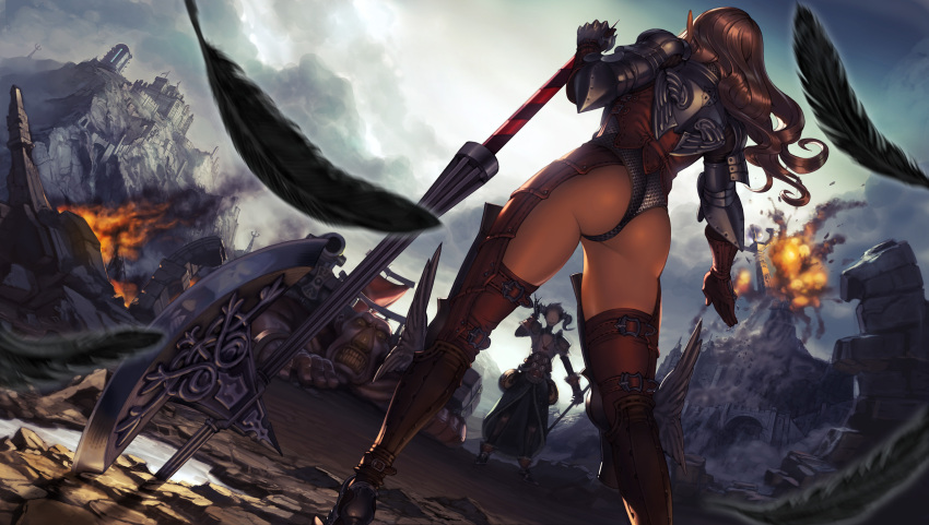 1girl absurdres armor ass axe back battlefield boots brown_hair castle chainmail clouds elf explosion fantasy_earth_zero feathers fire greaves grin highres horns kanda_(ura-kanda) legs long_hair original planted_weapon pointy_ears revision ruins sky smile smoke spaulders weapon windowboxed