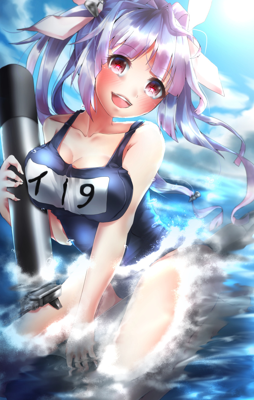 1girl :d absurdres bare_shoulders blue_hair blue_sky breasts hair_ornament head_tilt highres i-19_(kantai_collection) kantai_collection large_breasts looking_at_viewer name_tag open_mouth partially_submerged red_eyes school_swimsuit sky smile solo star star-shaped_pupils swimsuit symbol-shaped_pupils torpedo tri_tails yozakura_retei