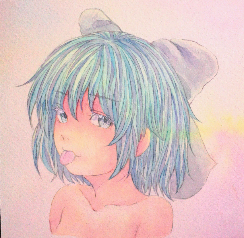 1girl :p bare_shoulders blue_eyes blue_hair bow cirno collarbone hair_bow highres looking_at_viewer pink_background portrait short_hair solo tongue tongue_out touhou traditional_media watercolor_(medium) yuyu_(00365676)