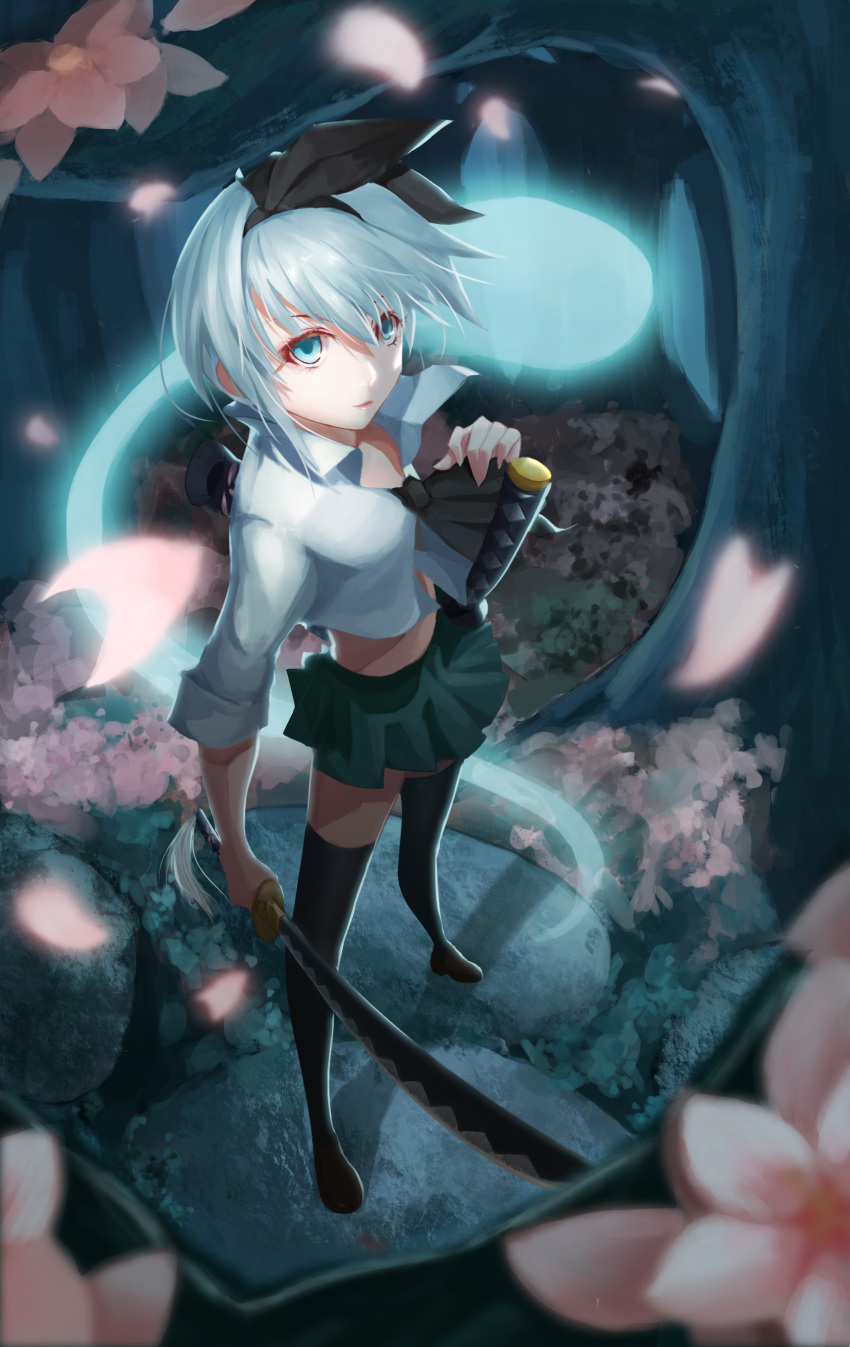 1girl absurdres al2 ascot black_legwear blue_eyes blurry breasts brown_shoes bush cherry_blossoms collared_shirt depth_of_field full_body glowing green_skirt hairband highres konpaku_youmu konpaku_youmu_(ghost) lips long_sleeves midriff moonlight multiple_swords night perspective petals sheath sheathed short_hair silver_hair skirt sleeves_rolled_up solo stone thigh-highs touhou tree unsheathed vest_removed wind