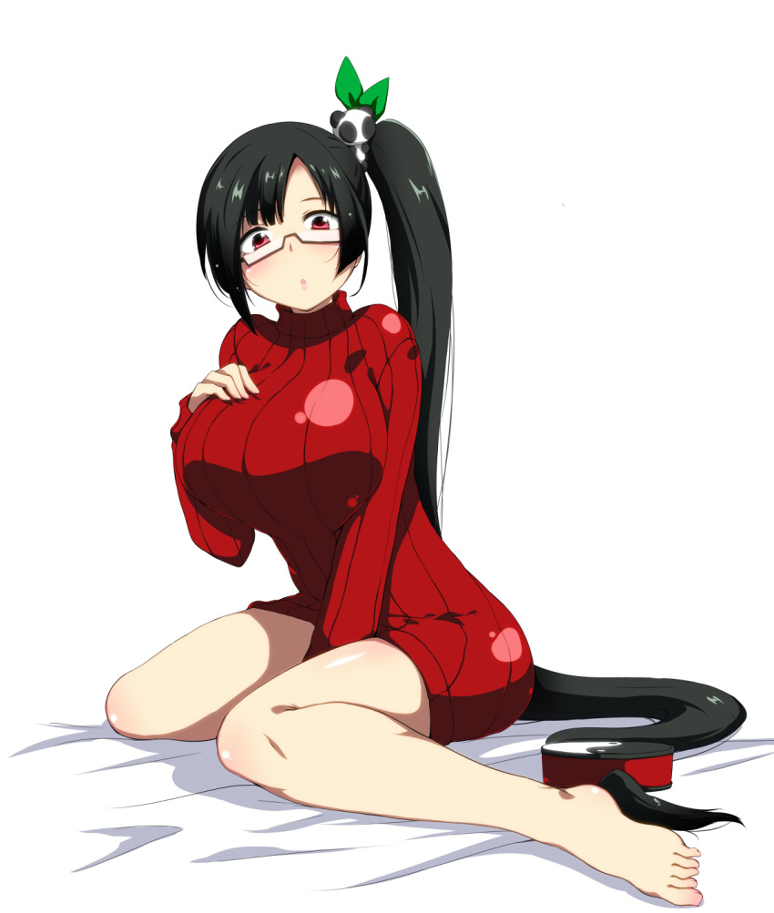 1girl :o barefoot bed_sheet black_hair blazblue breast_suppress breasts glasses hair_ornament highres huge_breasts impossible_clothes impossible_sweater kaname_nagi lips litchi_faye_ling long_hair long_sleeves low-tied_long_hair red_eyes ribbed_sweater semi-rimless_glasses shiny shiny_clothes shiny_hair side_ponytail simple_background sitting solo sweater turtleneck under-rim_glasses wariza white_background yin_yang