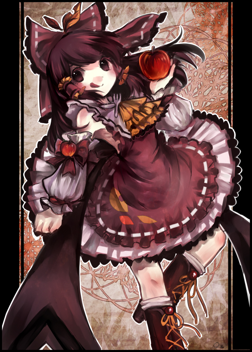 1girl absurdres apple ascot bow brown_hair detached_sleeves food fork fruit hair_bow hair_tubes hakurei_reimu highres leaf long_hair red_eyes ribbon sanso smile solo tongue tongue_out touhou