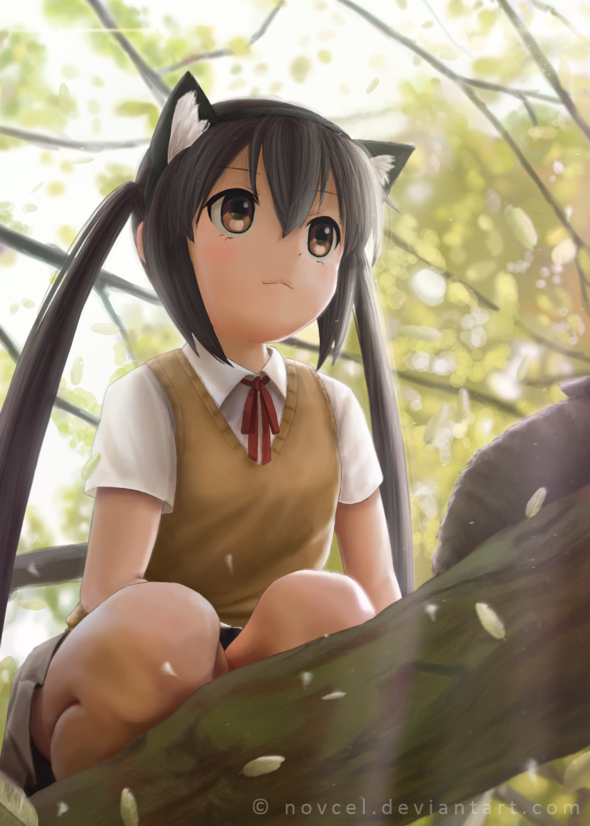 1girl :3 animal_ears black_hair brown_eyes cat fake_animal_ears highres k-on! nakano_azusa novcel outdoors petals sweater_vest tree tree_branch twintails watermark