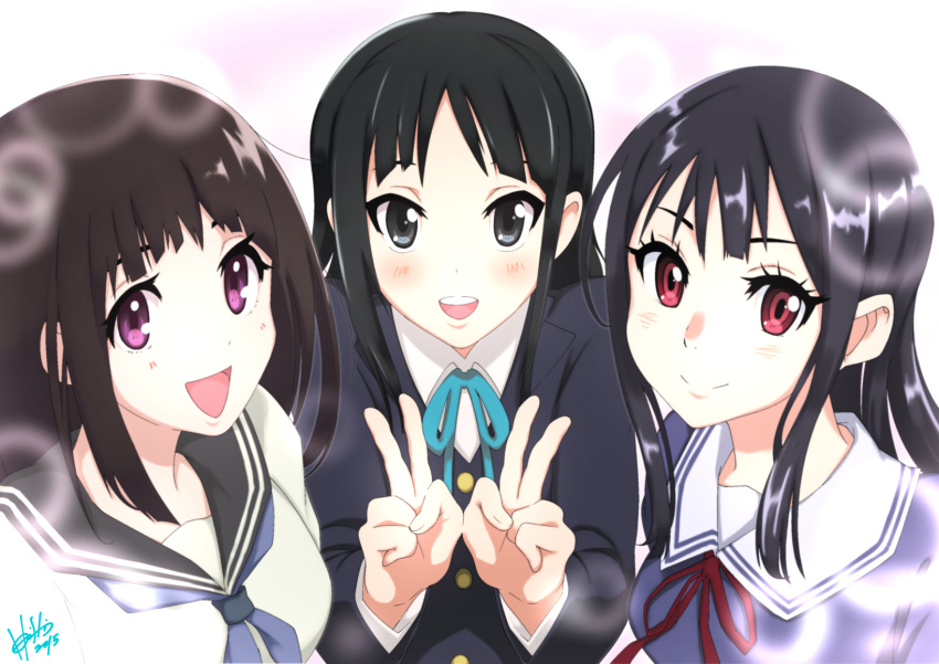 3girls akiyama_mio black_eyes black_hair chitanda_eru company_connection crossover highres hori_shin hyouka k-on! kyoto_animation kyoukai_no_kanata multiple_girls nase_mitsuki red_eyes school_uniform serafuku trait_connection violet_eyes