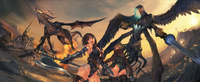 armor ass battlefield boots breasts dagger dragon fantasy_earth_zero highres horse horseback_riding kanda_(ura-kanda) knife knight leather leotard letterboxed monster polearm revision riding wallpaper weapon wings