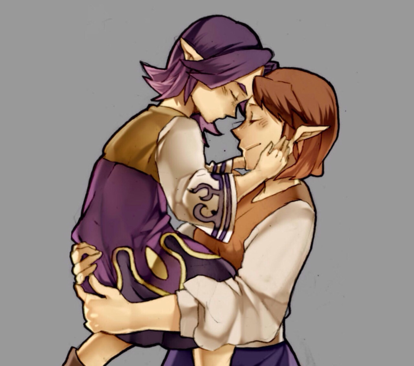 1boy 1girl brown_hair closed_eyes cremia forehead-to-forehead height_difference kafei majora's_mask neaze pointy_ears purple_hair short_hair the_legend_of_zelda