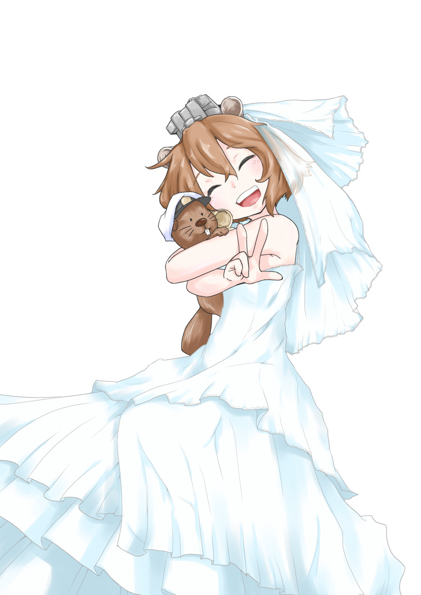 1girl :d ^_^ absurdres admiral_(kantai_collection) alternate_costume bare_shoulders beaver brown_hair closed_eyes dress facing_viewer hat headgear highres hug kantai_collection military_hat open_mouth peaked_cap short_hair simple_background smile sokutenkun strapless_dress veil w wedding_dress white_background white_dress yukikaze_(kantai_collection)