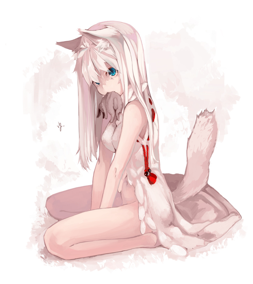 1girl animal_ears bent_knees blue_eyes bottomless breasts food fox_ears fox_tail highres long_hair looking_at_viewer mouth_hold navel open_clothes original rabbit solo tail white_hair yes_warabi