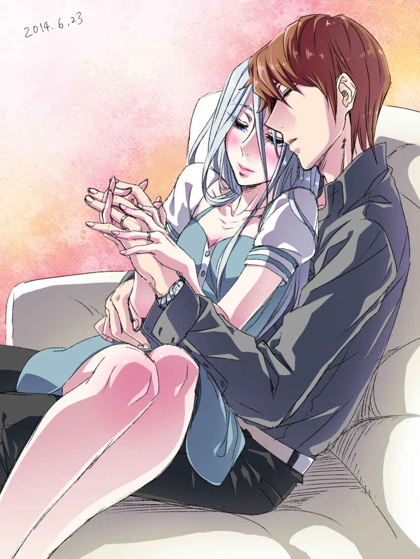 1boy 1girl asai_yuichi blue_eyes blush brown_hair closed_eyes couch couple dated hetero highres holding_hands jewelry kaiba_seto kisara long_hair ring short_hair silver_hair sitting sitting_on_lap sitting_on_person wedding_band yuu-gi-ou yuu-gi-ou_duel_monsters