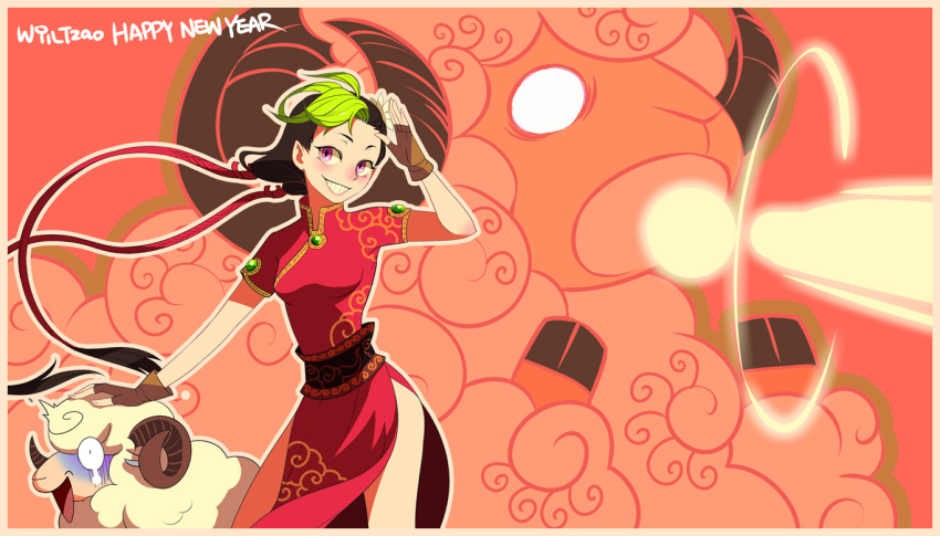 1girl alternate_costume alternate_hairstyle animal black_hair braid chinese_clothes fingerless_gloves gloves green_hair grin hair_tubes jinx_(league_of_legends) league_of_legends long_hair looking_at_viewer multicolored_hair pink_eyes salute scared sheep side_slit sketch smile solo twin_braids two-tone_hair very_long_hair