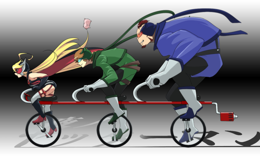 1girl 2boys ahoge beard bicycle blonde_hair boyakki brown_hair cape doronjo elephantus facial_hair kugi_(kugi-xiv) leopard_(yatterman) leotard mask multiple_boys pig tandem_bicycle time_bokan_(series) tonzura visor voltkatze yatterman yoru_no_yatterman