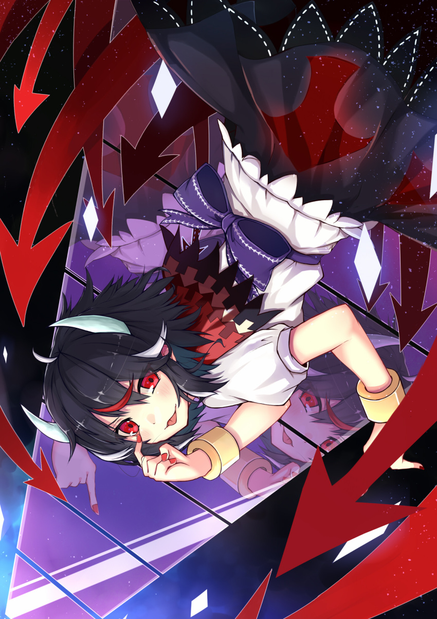 1girl black_hair bracelet highres horns jewelry kijin_seija koga_rejini multicolored_hair pointer print_dress puffy_short_sleeves puffy_sleeves red_eyes reflection sash short_sleeves smile solo streaked_hair tongue tongue_out touhou upside-down