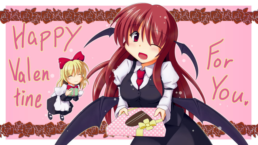 2girls ;d ^_^ apron bat_wings between_breasts black_dress blush bow box breasts chocolate closed_eyes collared_shirt dress dress_shirt english floating flower gift gift_box giving hair_bow happy_valentine head_tilt head_wings heart highres juliet_sleeves koakuma kurenaidahlia light_particles long_hair long_sleeves looking_at_viewer low_wings multiple_girls necktie necktie_between_breasts one_eye_closed open_mouth pink_background puffy_sleeves red_eyes redhead shanghai_doll shirt shoes simple_background skirt skirt_set smile touhou valentine vest waist_apron white_shirt wings