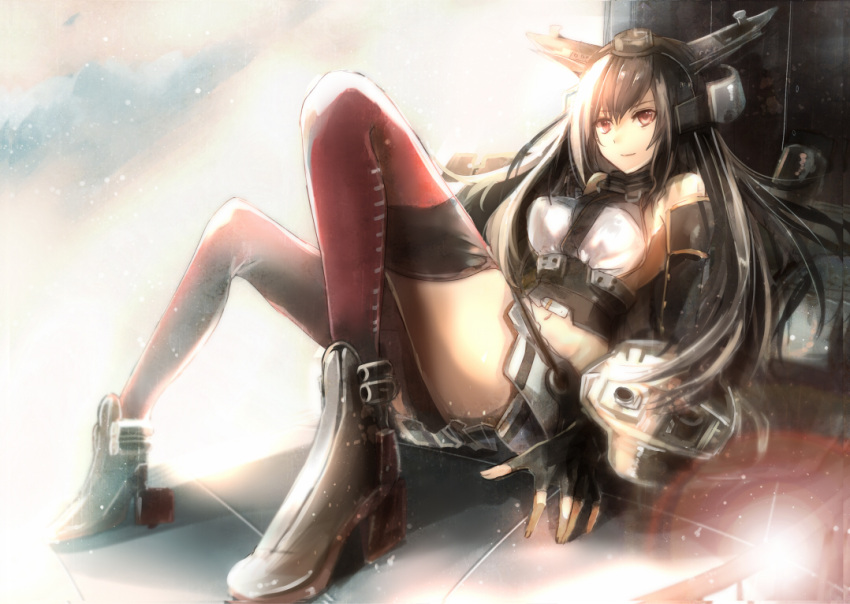1girl boots brown_eyes brown_hair fingerless_gloves gloves hairband kantai_collection long_hair looking_at_viewer midriff nagato_(kantai_collection) navel personification skirt smile solo thigh-highs truth_(redeye19)