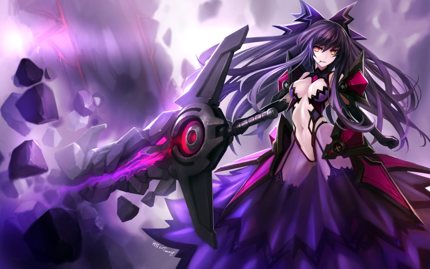 1girl absurdres armor armored_dress breasts cleavage date_a_live elbow_gloves gloves hanshu highres long_hair navel purple_hair red_eyes solo sword thigh-highs weapon yatogami_tooka_(true_form)