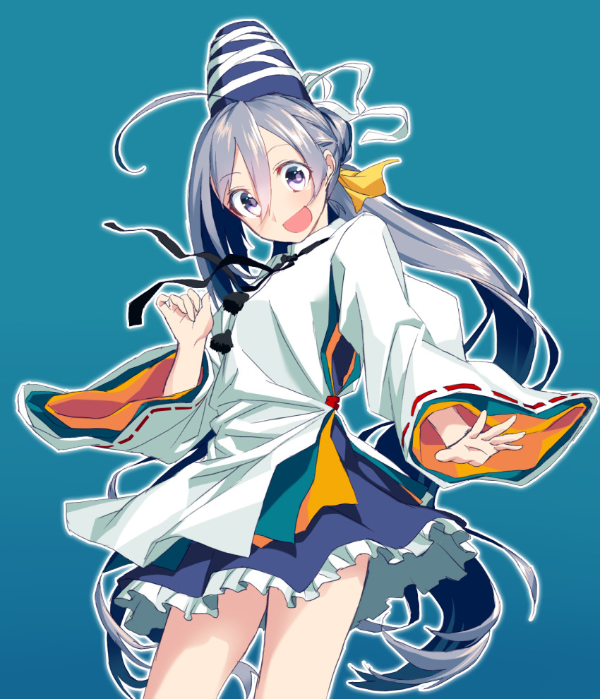 1girl ahoge blew_andwhite blue_background cowboy_shot grey_eyes grey_hair hat highres japanese_clothes kantai_collection kariginu kiyoshimo_(kantai_collection) long_hair looking_at_viewer mononobe_no_futo mononobe_no_futo_(cosplay) open_mouth outstretched_hand pom_pom_(clothes) ponytail skirt smile solo tate_eboshi touhou wide_sleeves